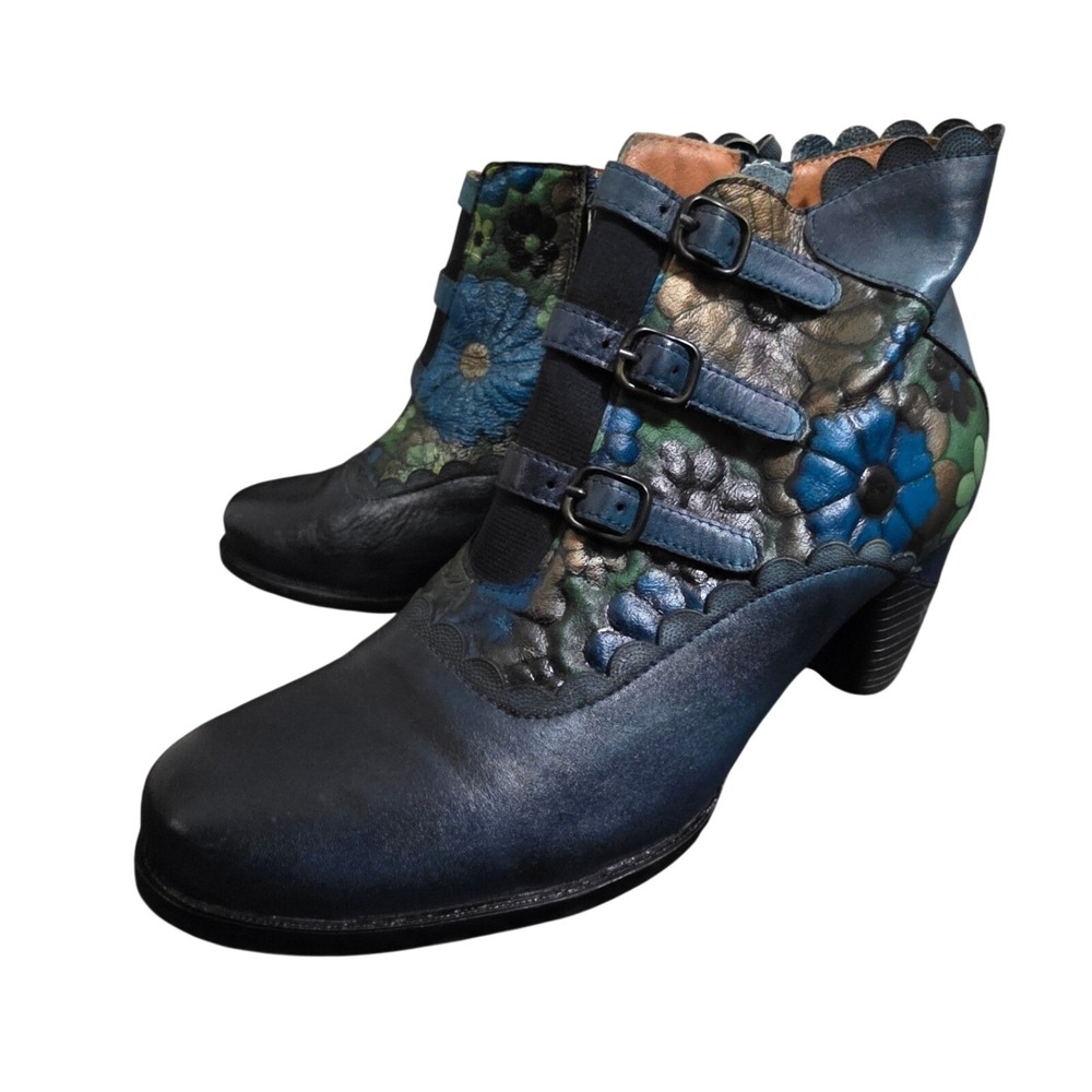 L'Artiste Spring Step Floral Leather Ankle Boots Womens EU 42 US 10.5 11 Blue